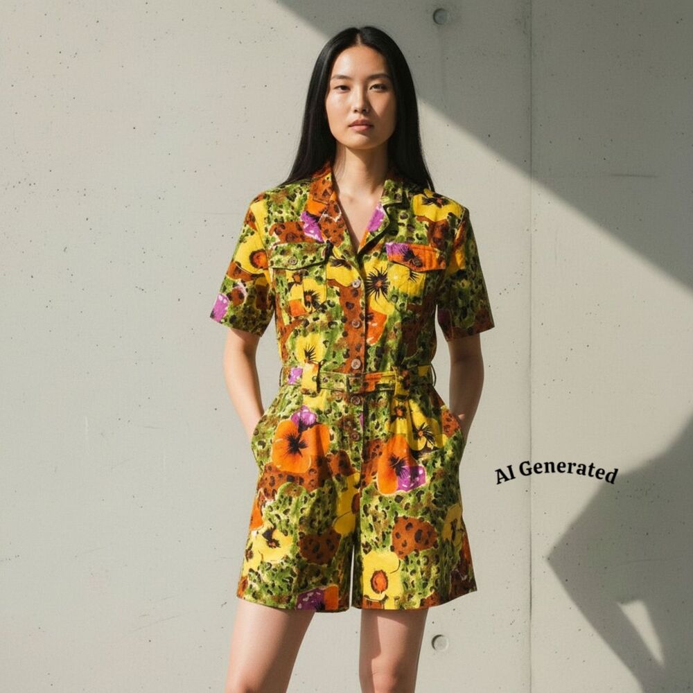 Vintage 80s Changes Rayon Floral Romper Belted with Pockets Size 10 Jumpsuit
